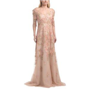 TERI JON Embroidered Sequin Elbow Sleeve Gown